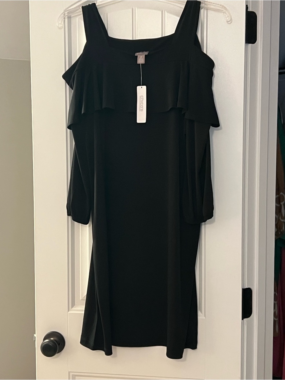 Chico's Black Cold-Shoulder Ruffle-Trim Midi Dress